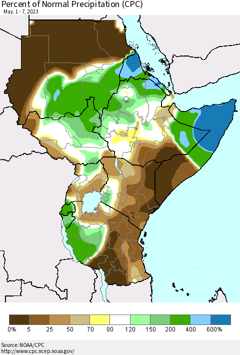 Eastern Africa Percent of Normal Precipitation (CPC) Thematic Map For 5/1/2023 - 5/7/2023