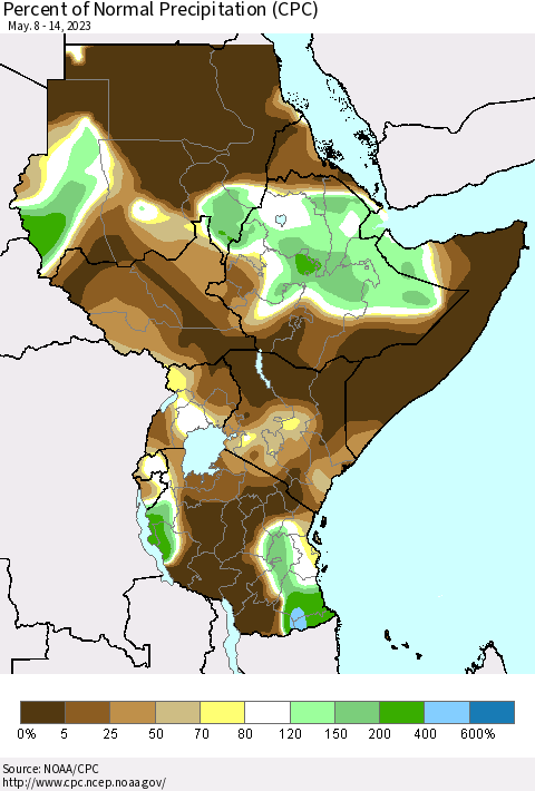 Eastern Africa Percent of Normal Precipitation (CPC) Thematic Map For 5/8/2023 - 5/14/2023
