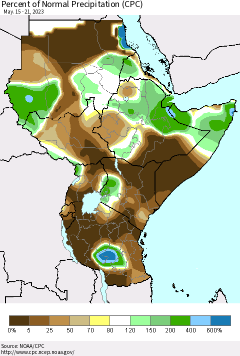 Eastern Africa Percent of Normal Precipitation (CPC) Thematic Map For 5/15/2023 - 5/21/2023