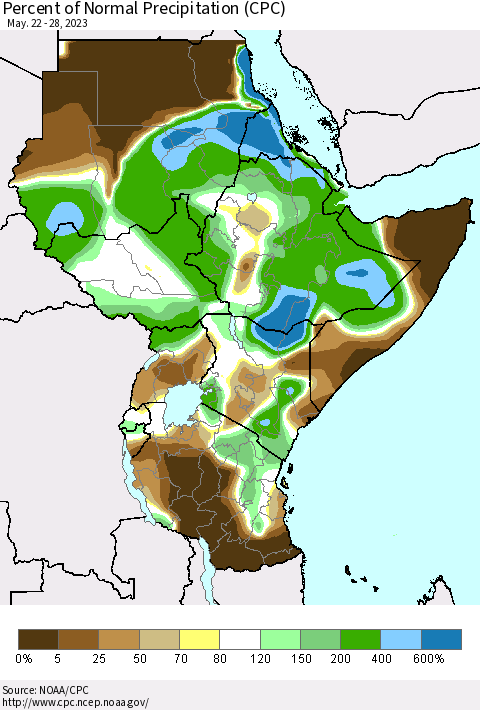 Eastern Africa Percent of Normal Precipitation (CPC) Thematic Map For 5/22/2023 - 5/28/2023
