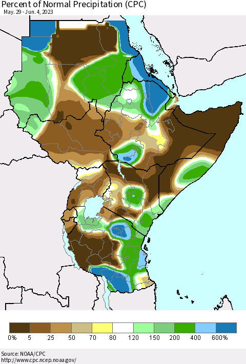 Eastern Africa Percent of Normal Precipitation (CPC) Thematic Map For 5/29/2023 - 6/4/2023