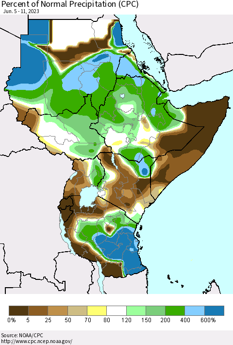 Eastern Africa Percent of Normal Precipitation (CPC) Thematic Map For 6/5/2023 - 6/11/2023