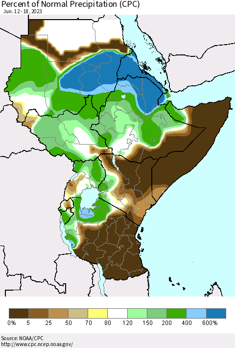 Eastern Africa Percent of Normal Precipitation (CPC) Thematic Map For 6/12/2023 - 6/18/2023
