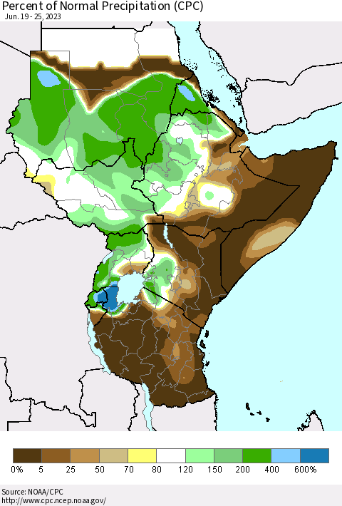 Eastern Africa Percent of Normal Precipitation (CPC) Thematic Map For 6/19/2023 - 6/25/2023