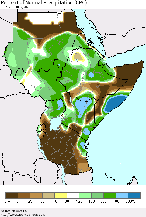 Eastern Africa Percent of Normal Precipitation (CPC) Thematic Map For 6/26/2023 - 7/2/2023