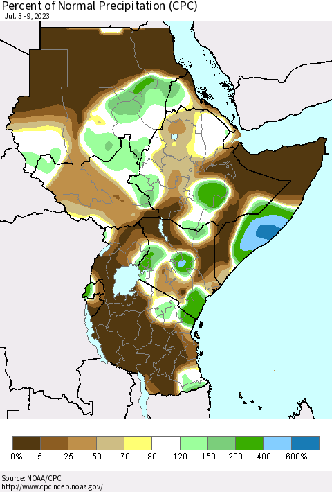 Eastern Africa Percent of Normal Precipitation (CPC) Thematic Map For 7/3/2023 - 7/9/2023