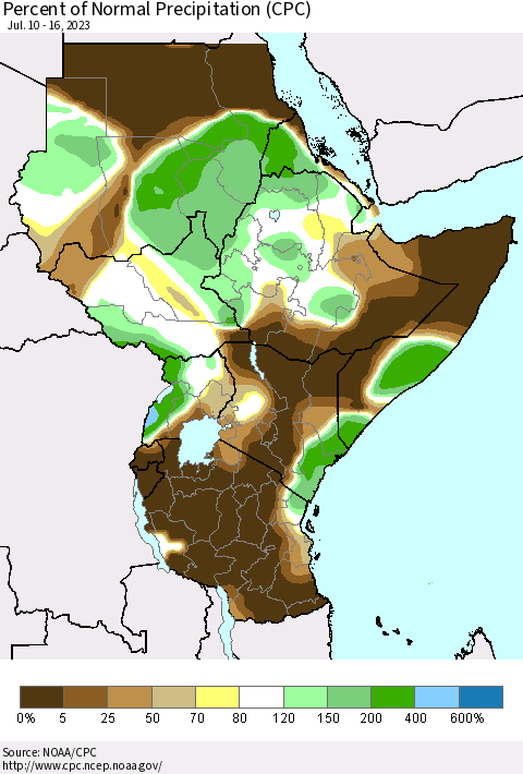 Eastern Africa Percent of Normal Precipitation (CPC) Thematic Map For 7/10/2023 - 7/16/2023