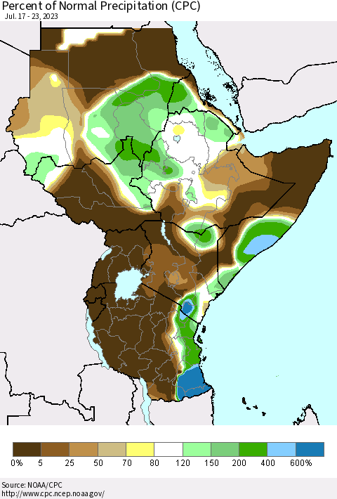 Eastern Africa Percent of Normal Precipitation (CPC) Thematic Map For 7/17/2023 - 7/23/2023
