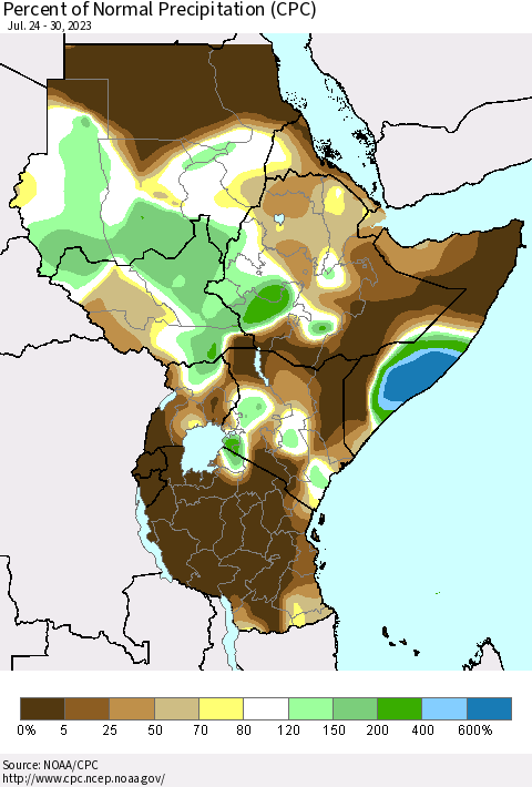 Eastern Africa Percent of Normal Precipitation (CPC) Thematic Map For 7/24/2023 - 7/30/2023