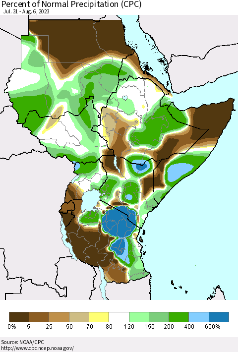 Eastern Africa Percent of Normal Precipitation (CPC) Thematic Map For 7/31/2023 - 8/6/2023