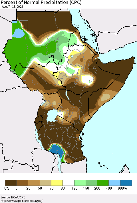 Eastern Africa Percent of Normal Precipitation (CPC) Thematic Map For 8/7/2023 - 8/13/2023