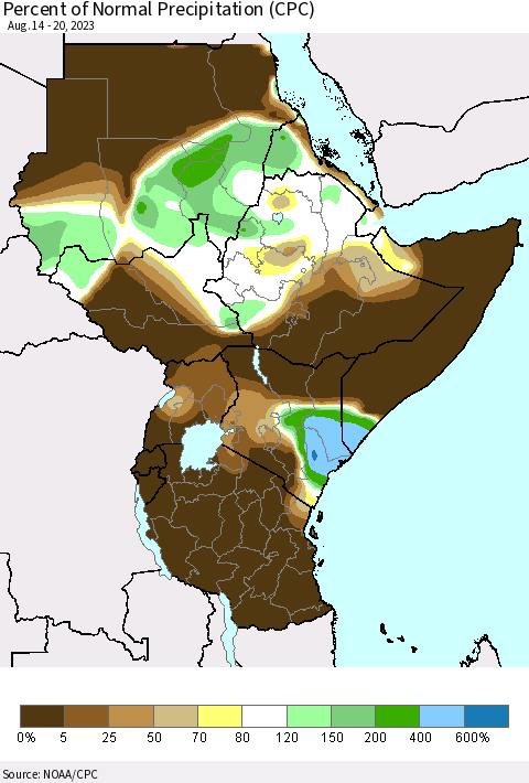 Eastern Africa Percent of Normal Precipitation (CPC) Thematic Map For 8/14/2023 - 8/20/2023