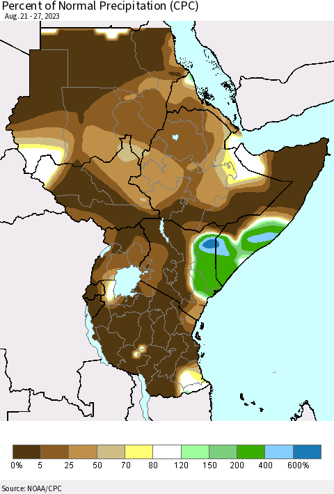 Eastern Africa Percent of Normal Precipitation (CPC) Thematic Map For 8/21/2023 - 8/27/2023