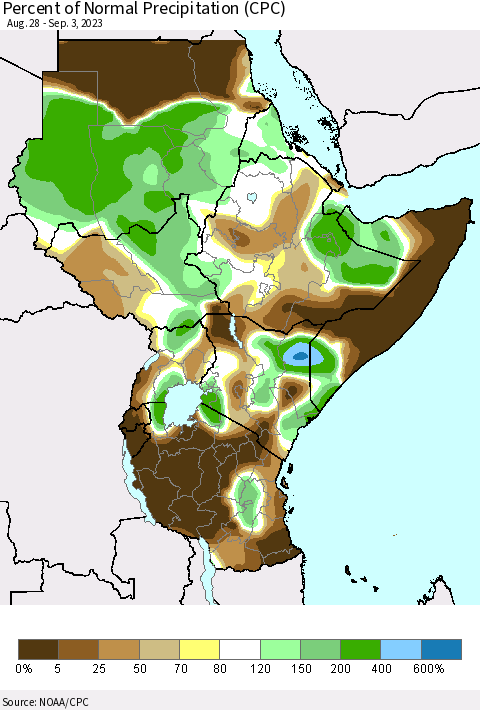 Eastern Africa Percent of Normal Precipitation (CPC) Thematic Map For 8/28/2023 - 9/3/2023