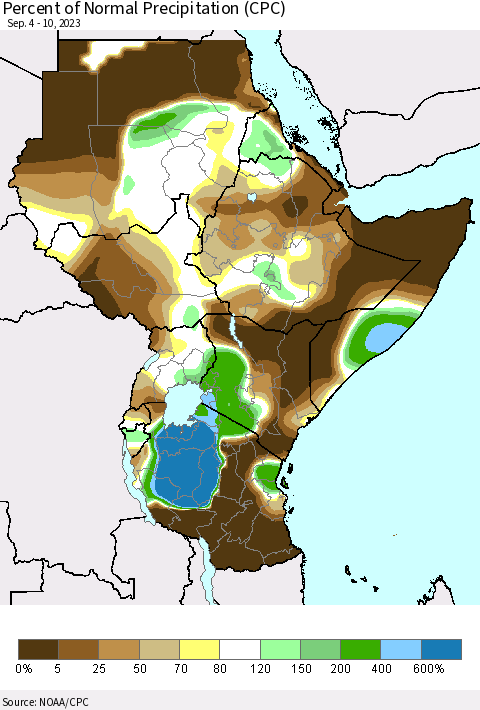 Eastern Africa Percent of Normal Precipitation (CPC) Thematic Map For 9/4/2023 - 9/10/2023