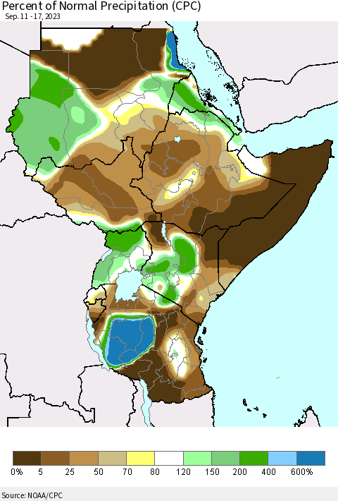 Eastern Africa Percent of Normal Precipitation (CPC) Thematic Map For 9/11/2023 - 9/17/2023