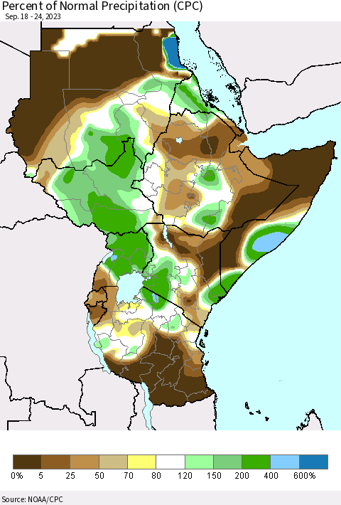 Eastern Africa Percent of Normal Precipitation (CPC) Thematic Map For 9/18/2023 - 9/24/2023