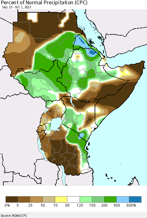 Eastern Africa Percent of Normal Precipitation (CPC) Thematic Map For 9/25/2023 - 10/1/2023