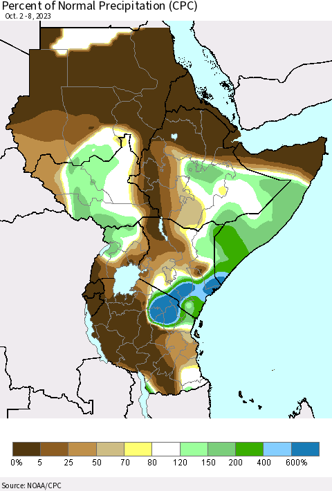 Eastern Africa Percent of Normal Precipitation (CPC) Thematic Map For 10/2/2023 - 10/8/2023