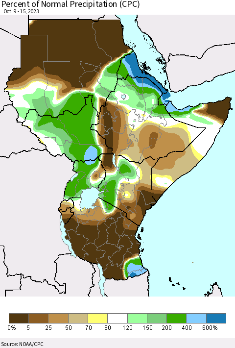 Eastern Africa Percent of Normal Precipitation (CPC) Thematic Map For 10/9/2023 - 10/15/2023