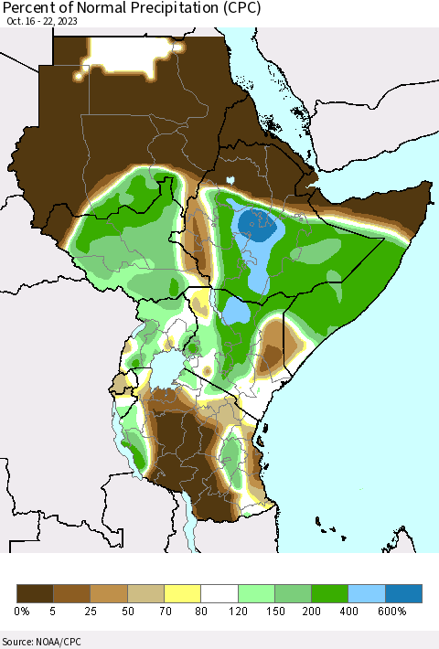 Eastern Africa Percent of Normal Precipitation (CPC) Thematic Map For 10/16/2023 - 10/22/2023