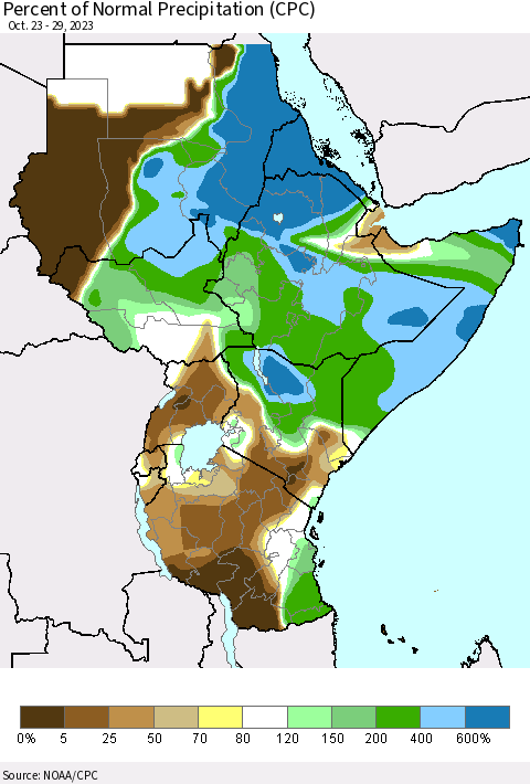 Eastern Africa Percent of Normal Precipitation (CPC) Thematic Map For 10/23/2023 - 10/29/2023