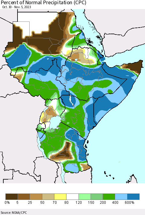 Eastern Africa Percent of Normal Precipitation (CPC) Thematic Map For 10/30/2023 - 11/5/2023