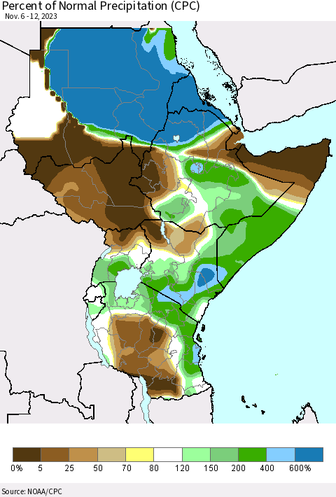 Eastern Africa Percent of Normal Precipitation (CPC) Thematic Map For 11/6/2023 - 11/12/2023