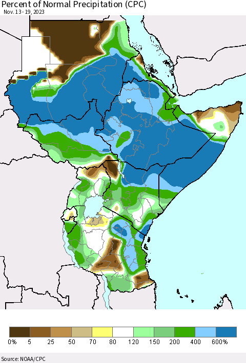 Eastern Africa Percent of Normal Precipitation (CPC) Thematic Map For 11/13/2023 - 11/19/2023