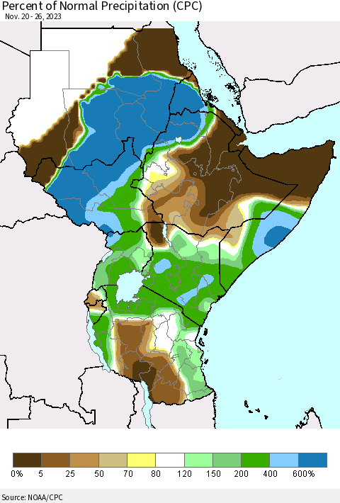 Eastern Africa Percent of Normal Precipitation (CPC) Thematic Map For 11/20/2023 - 11/26/2023