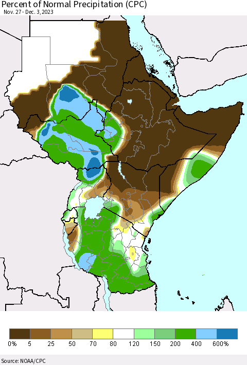 Eastern Africa Percent of Normal Precipitation (CPC) Thematic Map For 11/27/2023 - 12/3/2023