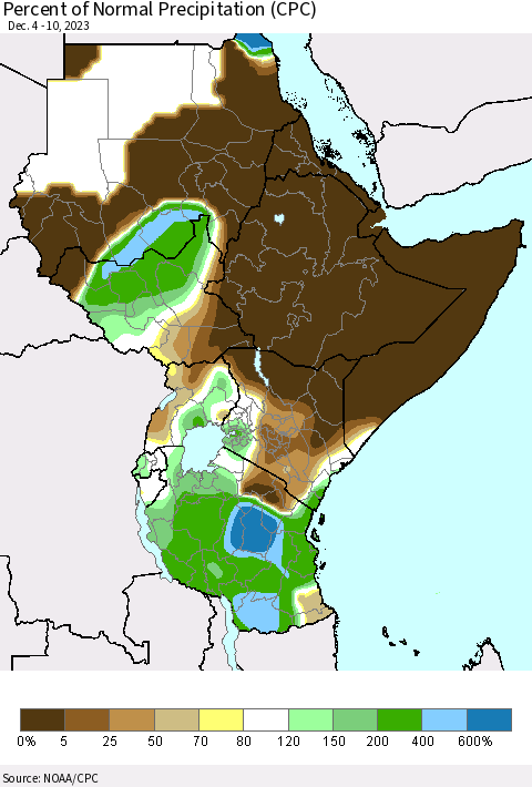Eastern Africa Percent of Normal Precipitation (CPC) Thematic Map For 12/4/2023 - 12/10/2023