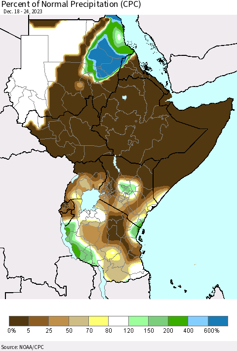 Eastern Africa Percent of Normal Precipitation (CPC) Thematic Map For 12/18/2023 - 12/24/2023