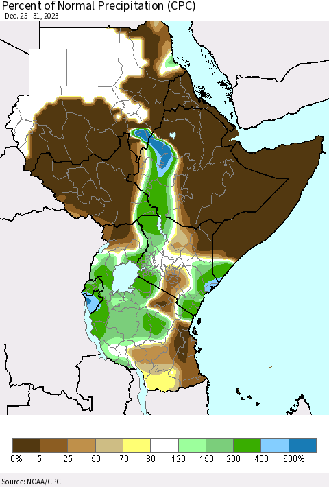Eastern Africa Percent of Normal Precipitation (CPC) Thematic Map For 12/25/2023 - 12/31/2023