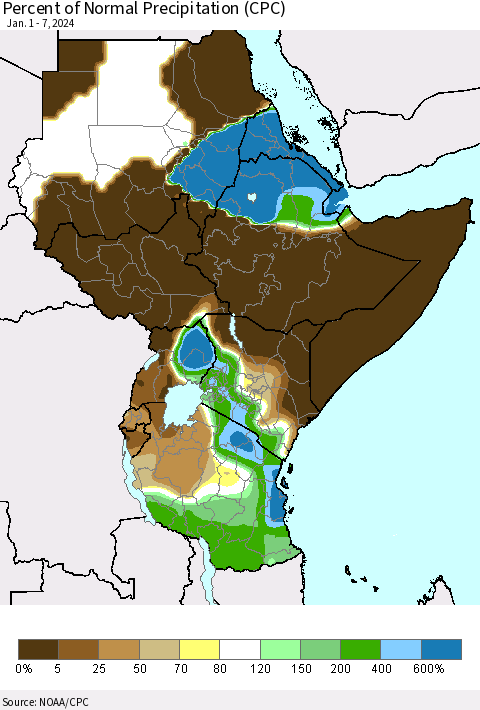 Eastern Africa Percent of Normal Precipitation (CPC) Thematic Map For 1/1/2024 - 1/7/2024
