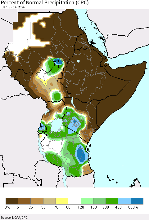 Eastern Africa Percent of Normal Precipitation (CPC) Thematic Map For 1/8/2024 - 1/14/2024