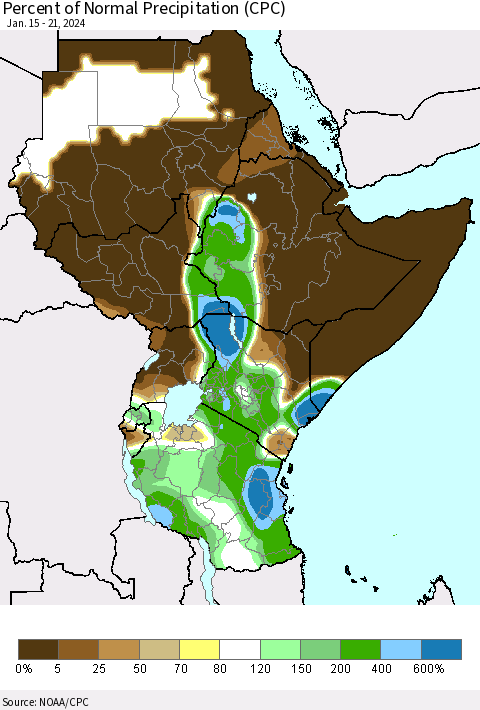 Eastern Africa Percent of Normal Precipitation (CPC) Thematic Map For 1/15/2024 - 1/21/2024
