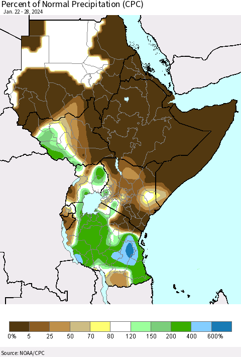 Eastern Africa Percent of Normal Precipitation (CPC) Thematic Map For 1/22/2024 - 1/28/2024