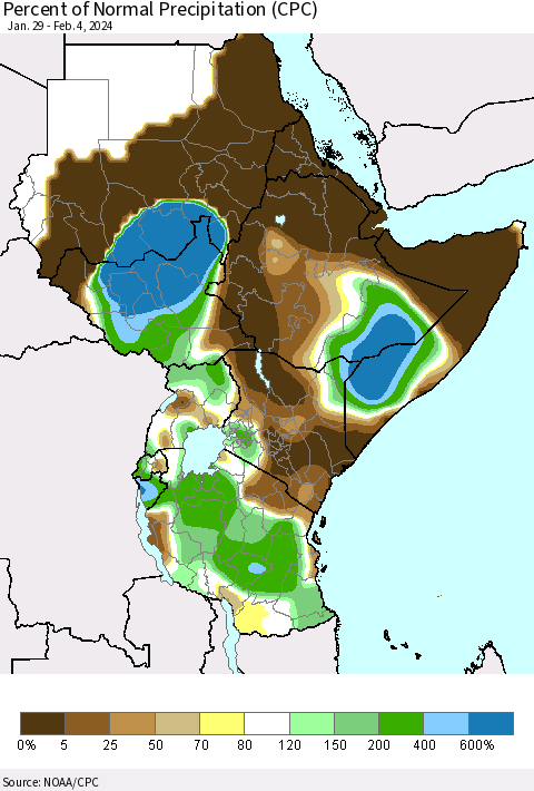 Eastern Africa Percent of Normal Precipitation (CPC) Thematic Map For 1/29/2024 - 2/4/2024