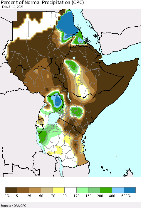Eastern Africa Percent of Normal Precipitation (CPC) Thematic Map For 2/5/2024 - 2/11/2024