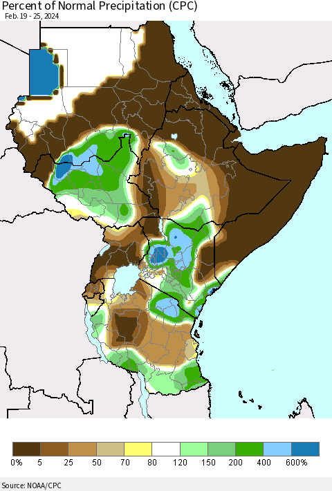 Eastern Africa Percent of Normal Precipitation (CPC) Thematic Map For 2/19/2024 - 2/25/2024