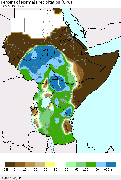 Eastern Africa Percent of Normal Precipitation (CPC) Thematic Map For 2/26/2024 - 3/3/2024