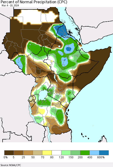 Eastern Africa Percent of Normal Precipitation (CPC) Thematic Map For 3/4/2024 - 3/10/2024