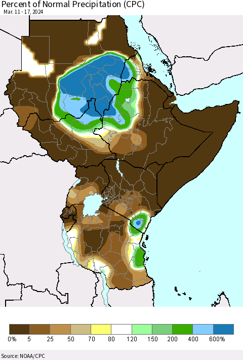 Eastern Africa Percent of Normal Precipitation (CPC) Thematic Map For 3/11/2024 - 3/17/2024