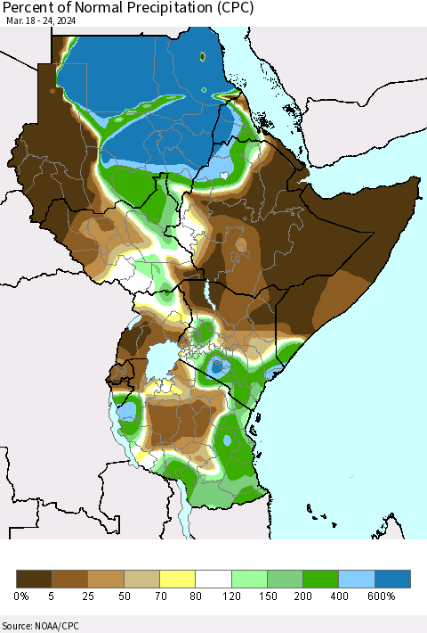 Eastern Africa Percent of Normal Precipitation (CPC) Thematic Map For 3/18/2024 - 3/24/2024