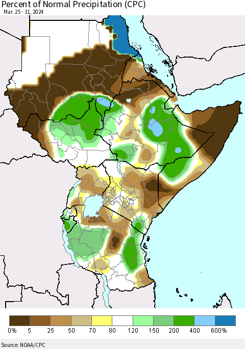 Eastern Africa Percent of Normal Precipitation (CPC) Thematic Map For 3/25/2024 - 3/31/2024