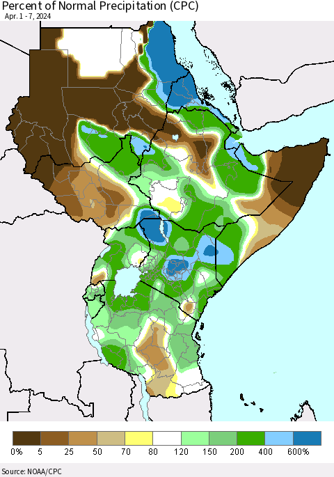 Eastern Africa Percent of Normal Precipitation (CPC) Thematic Map For 4/1/2024 - 4/7/2024
