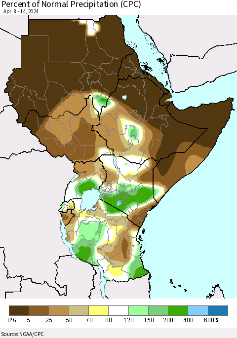 Eastern Africa Percent of Normal Precipitation (CPC) Thematic Map For 4/8/2024 - 4/14/2024