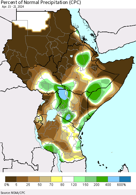 Eastern Africa Percent of Normal Precipitation (CPC) Thematic Map For 4/15/2024 - 4/21/2024