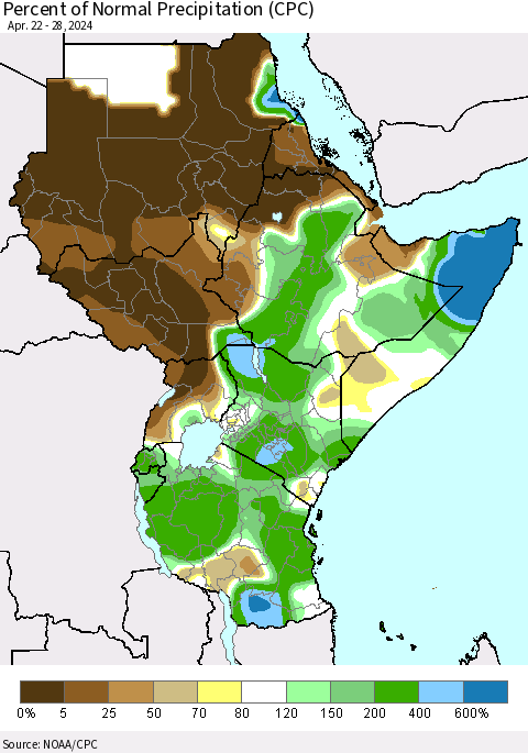 Eastern Africa Percent of Normal Precipitation (CPC) Thematic Map For 4/22/2024 - 4/28/2024